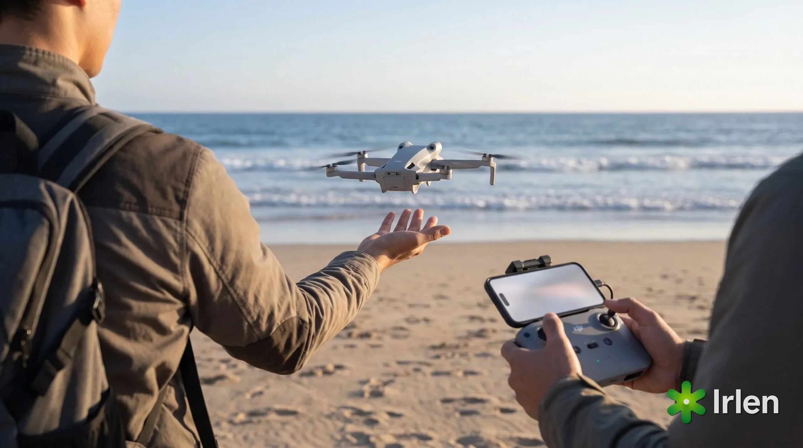 Piloto decolando o DJI Mini 4 Pro da palma da mão na areia da praia