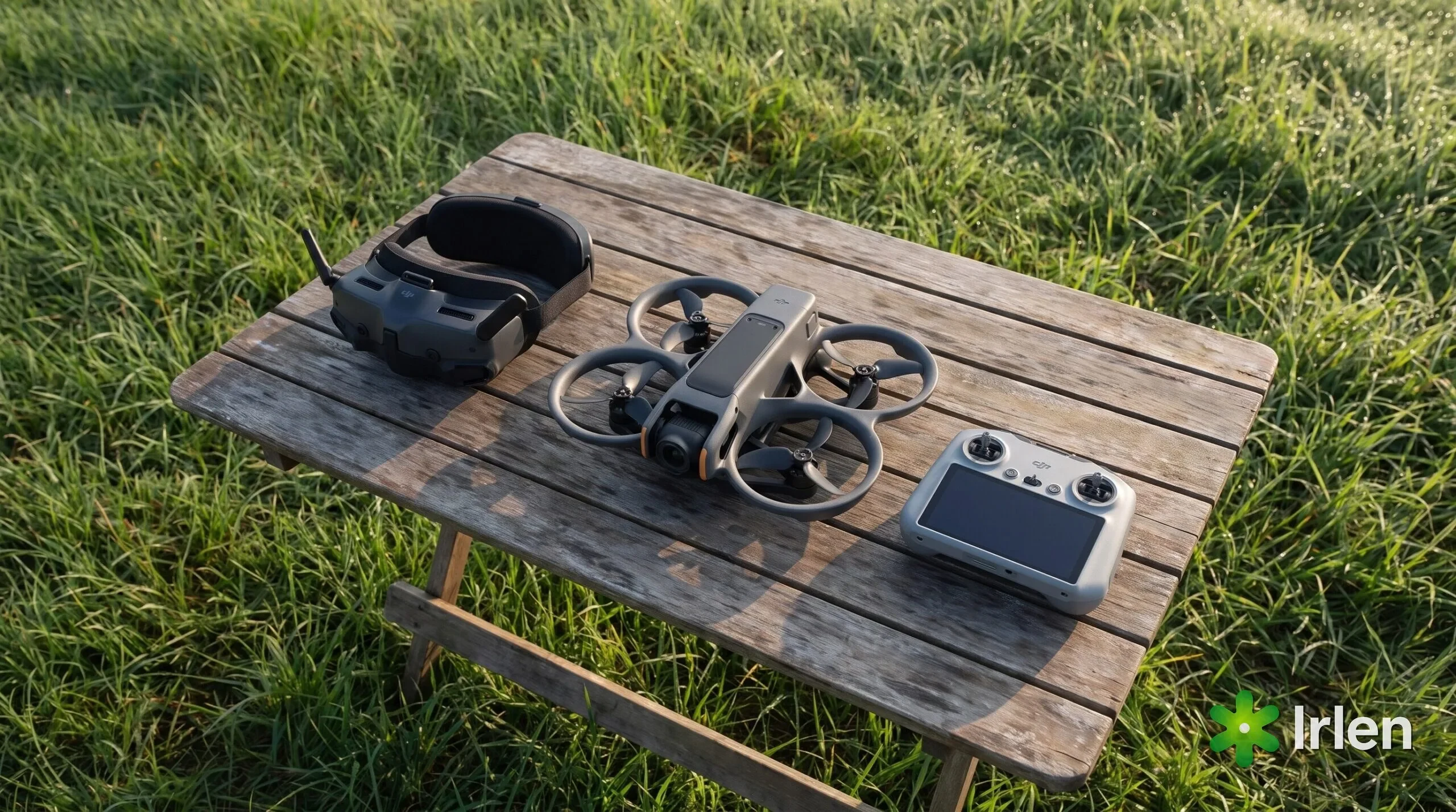 Kit FPV da DJI sobre a mesa em campo: Avata 2, Goggles 3 e controle FPV 3