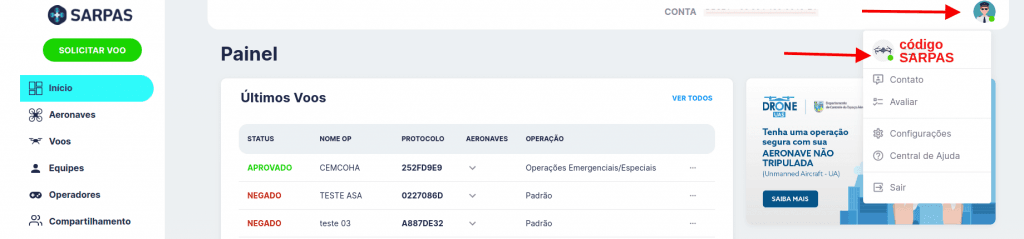Tela do SARPAS NG mostrando o código de identificação do piloto