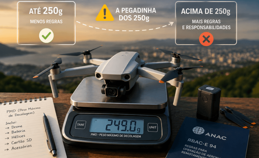 PMD do drone: o Peso Máximo de Decolagem e a pegadinha dos 250g em 2026