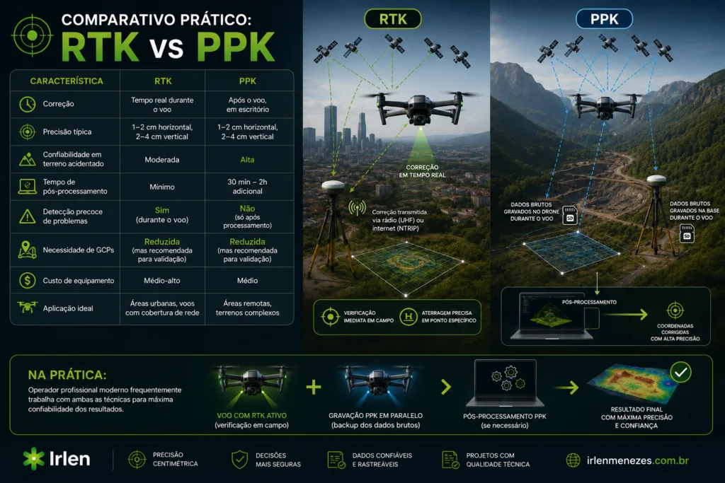 Tabela comparativa entre RTK e PPK em precisão, tempo e custo
