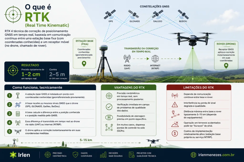 Esquema de funcionamento do sistema RTK com estação base e rover