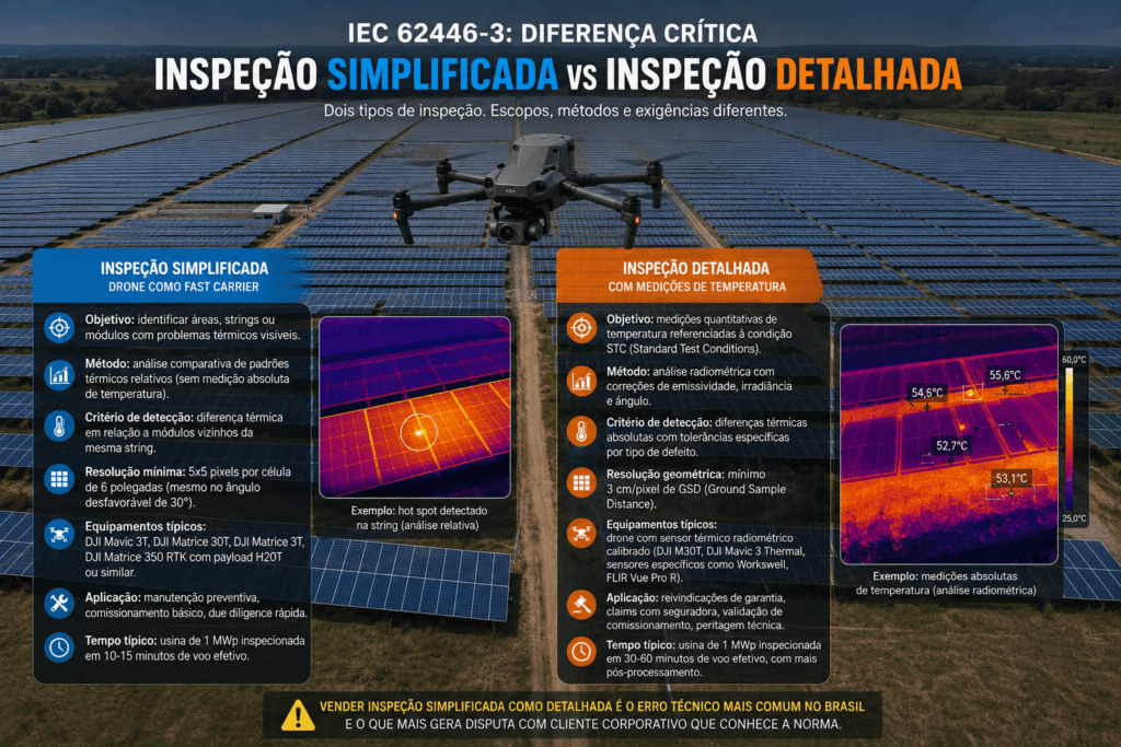 Diferença entre inspeção termográfica simplificada e detalhada de painéis solares com drone
