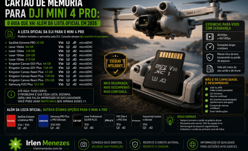 Cartão de memória para DJI Mini 4 Pro: o guia que vai além da lista oficial em 2026