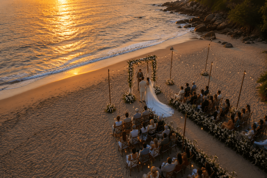 Drone DJI fazendo fotografia aérea de um casamento na praia no Brasil
