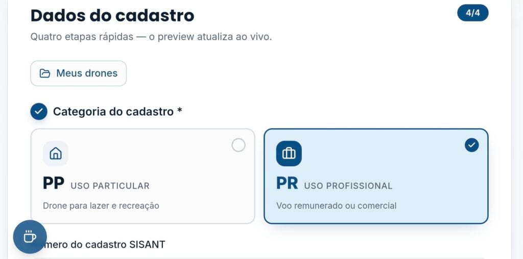 Tela do Gerador de Selo SISANT com formulário de dados do drone