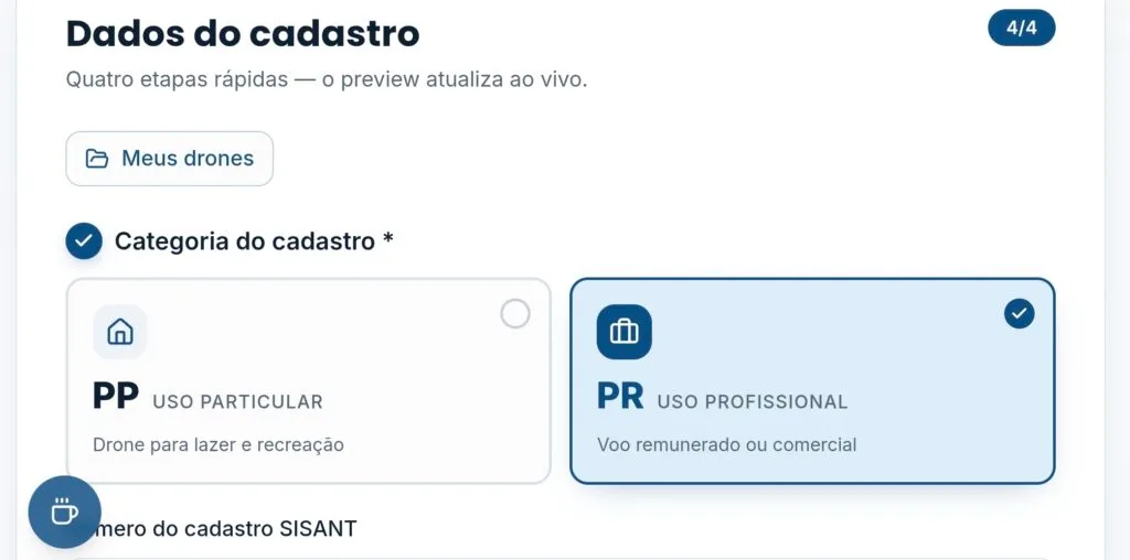 Tela do Gerador de Selo SISANT com formulário de dados do drone