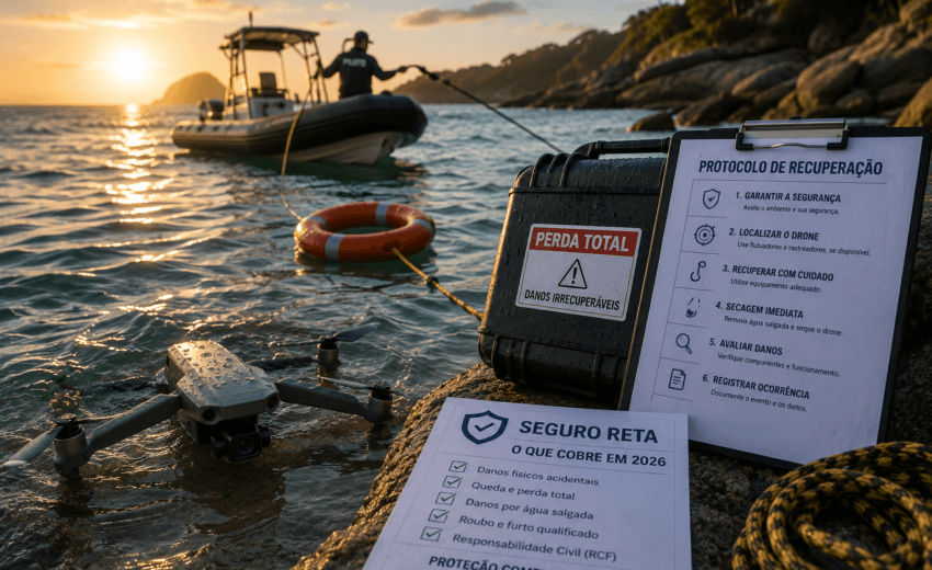 Drone caiu no mar: protocolo de recuperação, perda total e o que o seguro RETA cobre em 2026