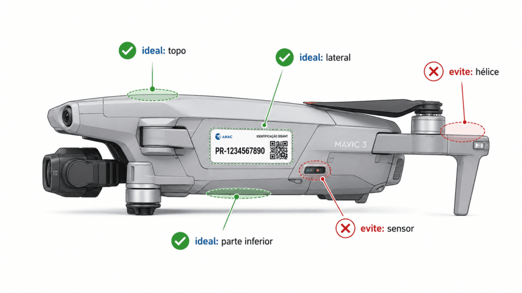 Posições corretas para colar a etiqueta SISANT em drones DJI