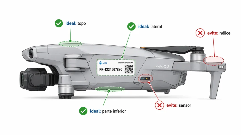 Posições corretas para colar a etiqueta SISANT em drones DJI