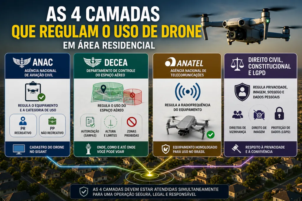 Quatro camadas regulatórias que regem o uso de drone em área residencial