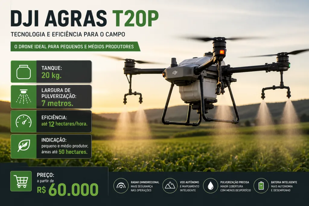 DJI Agras T20P em operação de pulverização agrícola