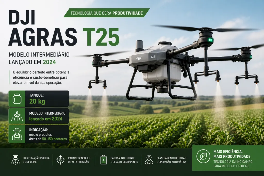 DJI Agras T25 com tanque de 20kg em voo de pulverização