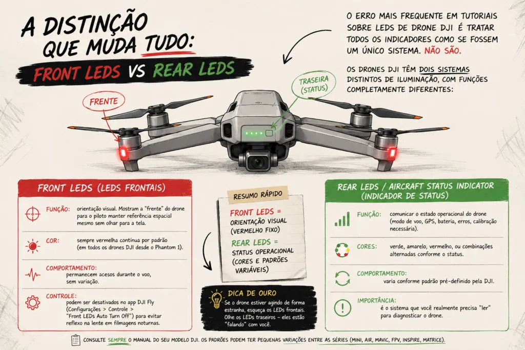 Front LEDs e Rear LEDs do drone DJI vistos por baixo da fuselagem