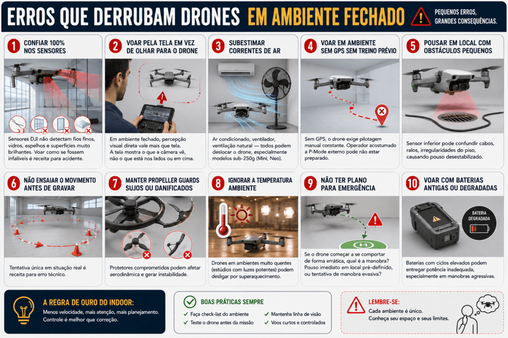 Drone colidindo com parede em ambiente fechado por falha de pilotagem