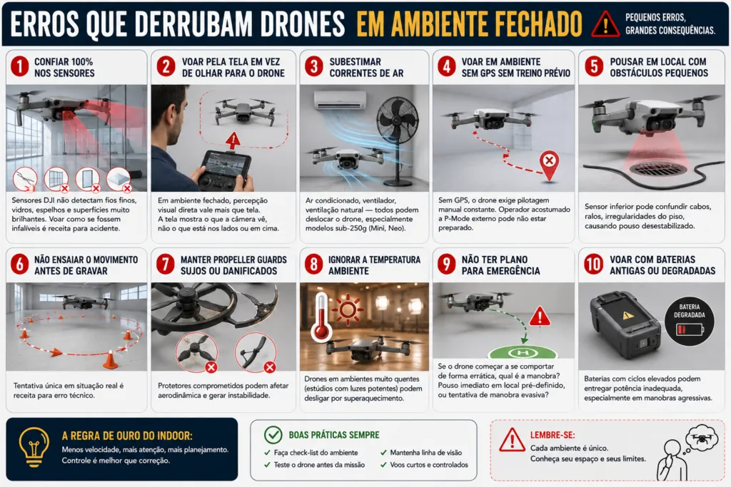 Drone colidindo com parede em ambiente fechado por falha de pilotagem