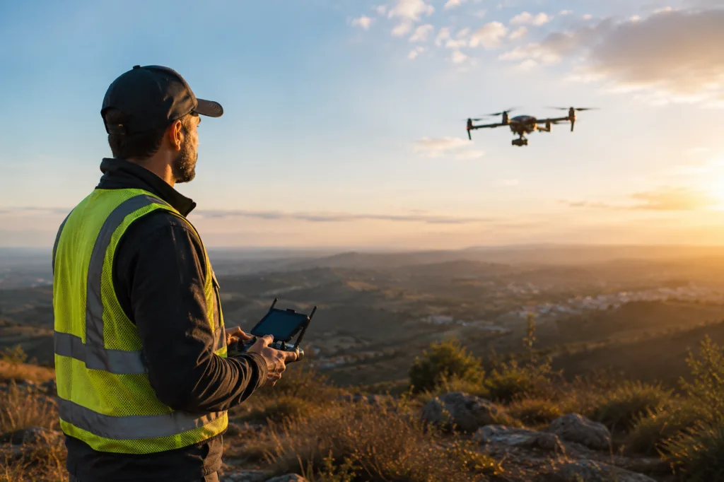Operação de drone DJI em VLOS (Visual Line Of Sight), com o piloto mantendo linha de visão direta