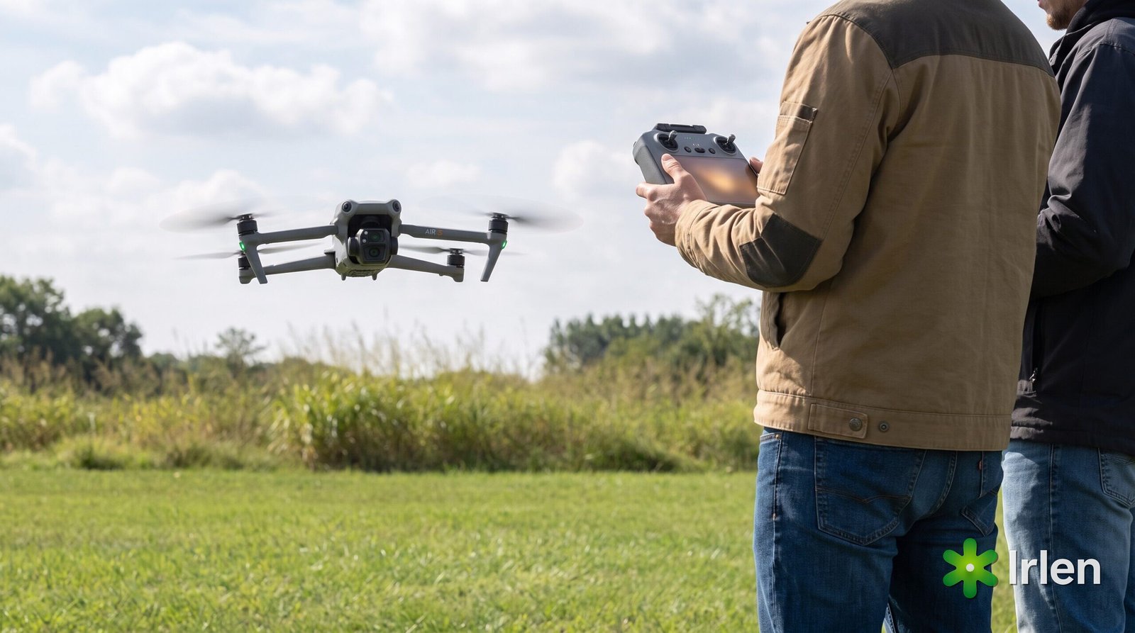 Equipe de operadores com o DJI Air 3S em operação comercial