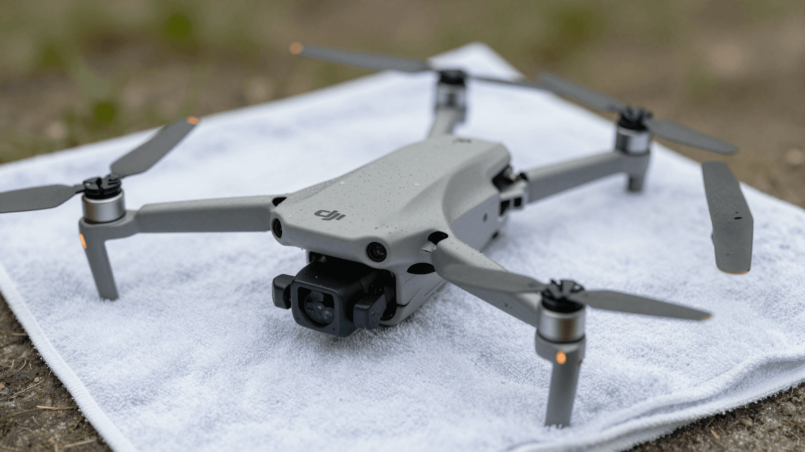 Drone DJI molhado sendo seco após queda na água