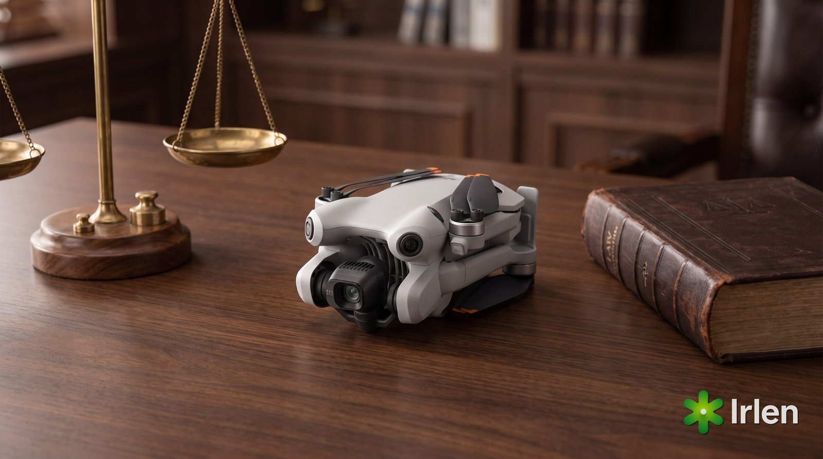 Drone DJI Mini 4 Pro ao lado de uma balança da justiça