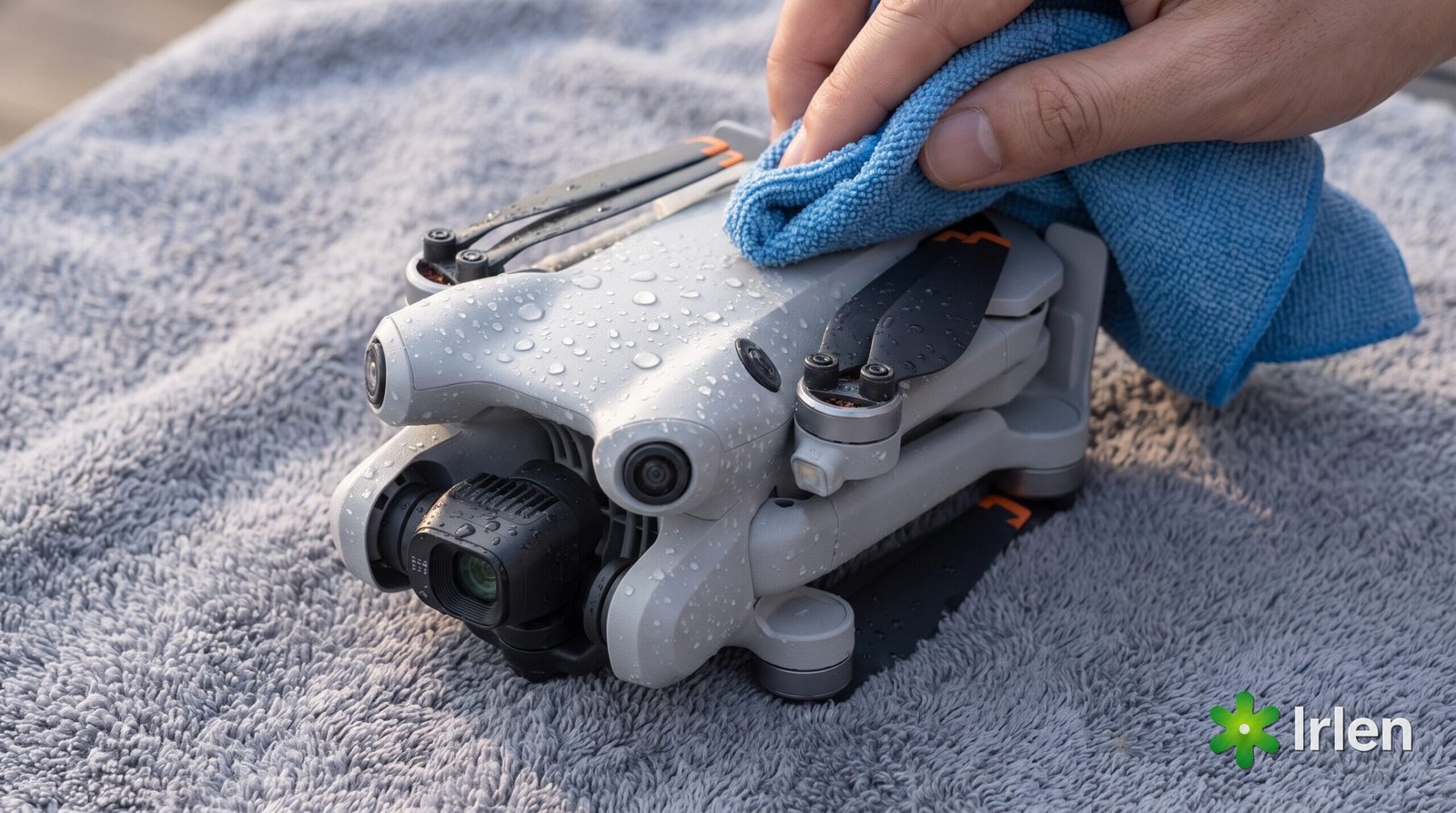 Drone DJI Mini 4 Pro molhado sendo seco após cair na água