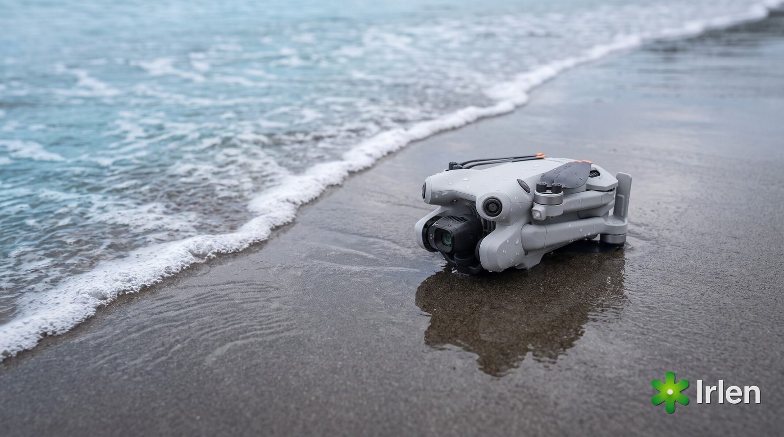 Drone DJI Mini 4 Pro na areia perto da água do mar