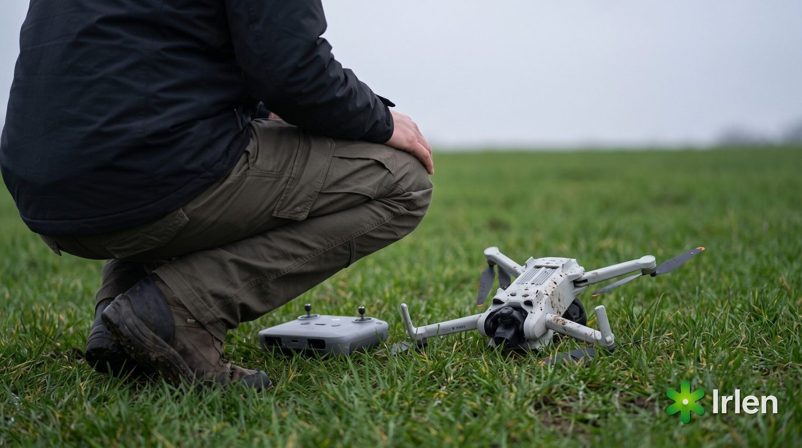 Operador checando o drone DJI Mini 4 Pro caído antes de tocar nele