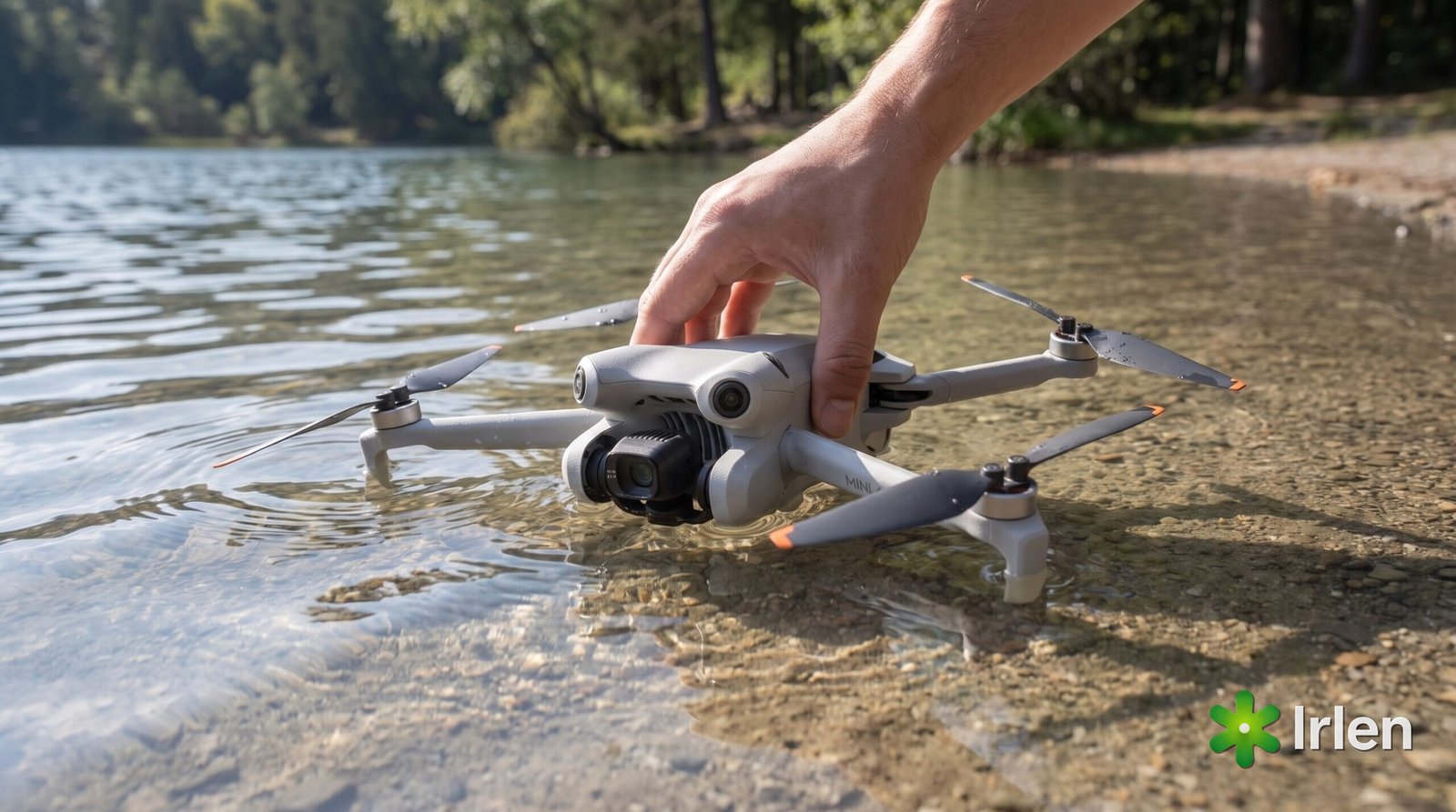 Drone DJI Mini 4 Pro caído na água sendo resgatado