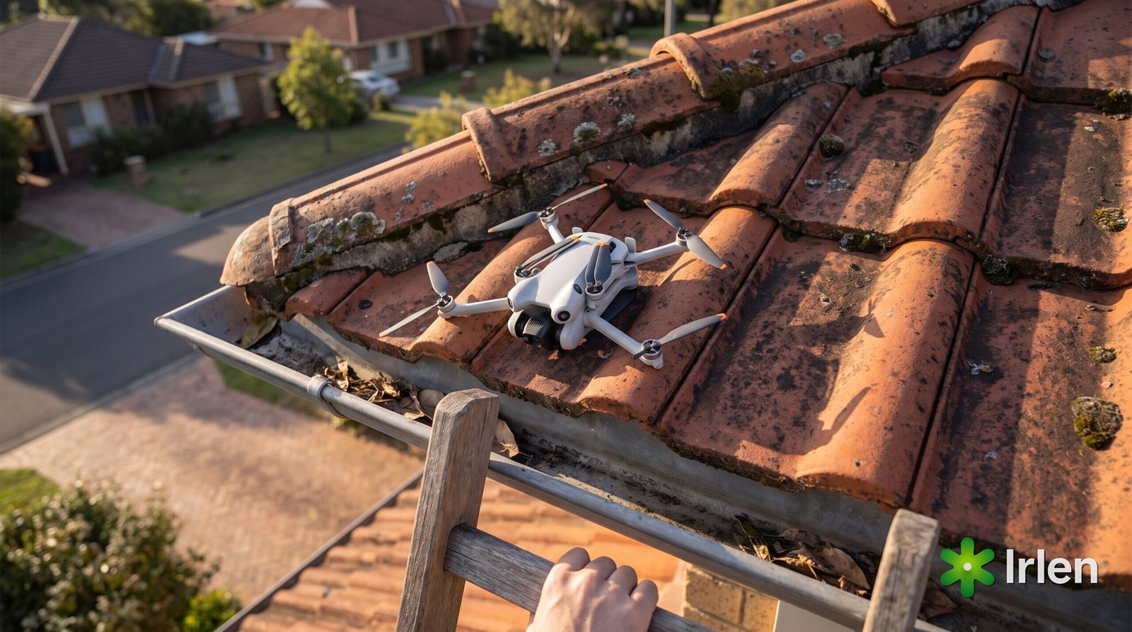 Drone DJI Mini 4 Pro preso em telhado após a queda