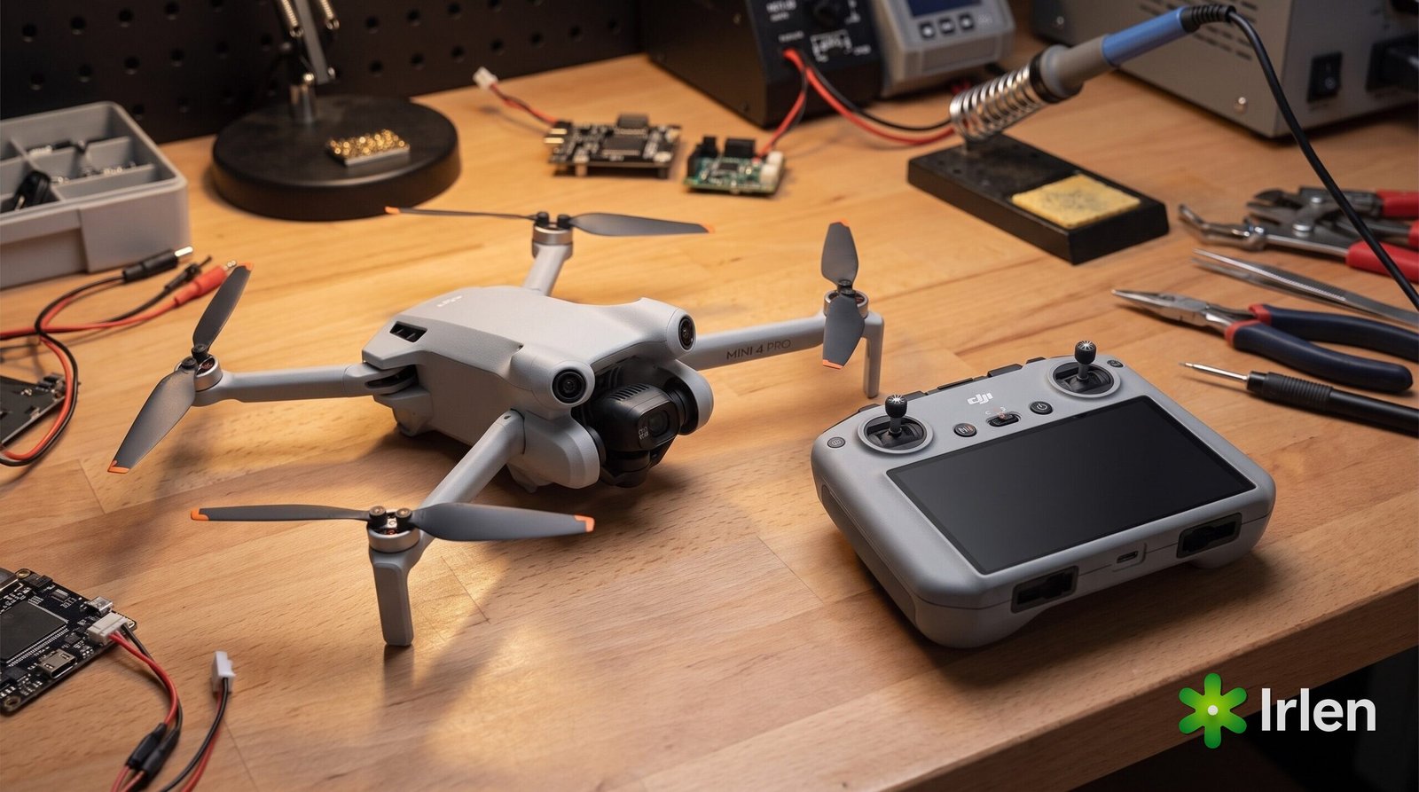 Drone DJI Mini 4 Pro e controle RC-N3 sobre a bancada