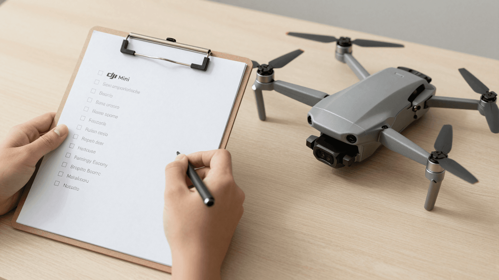 Checklist de compliance ao lado de um drone DJI
