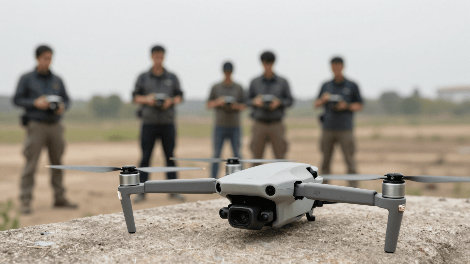 Equipe de operadores com equipamento DJI em operação comercial