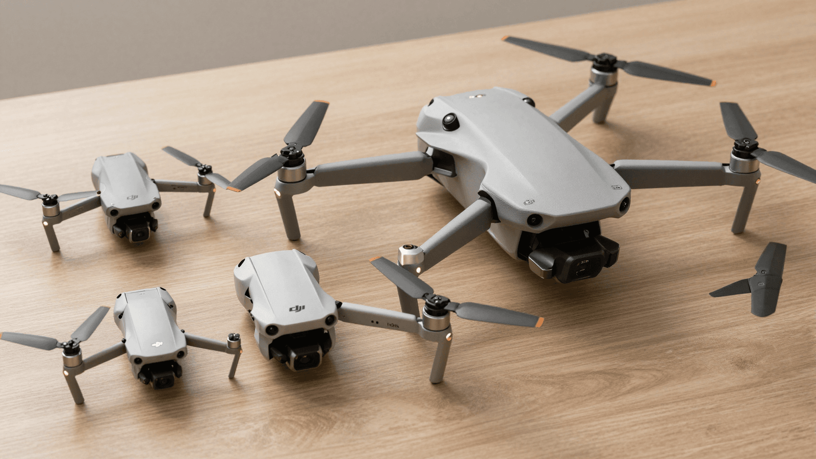 Diferentes modelos de drone DJI representando faixas de peso