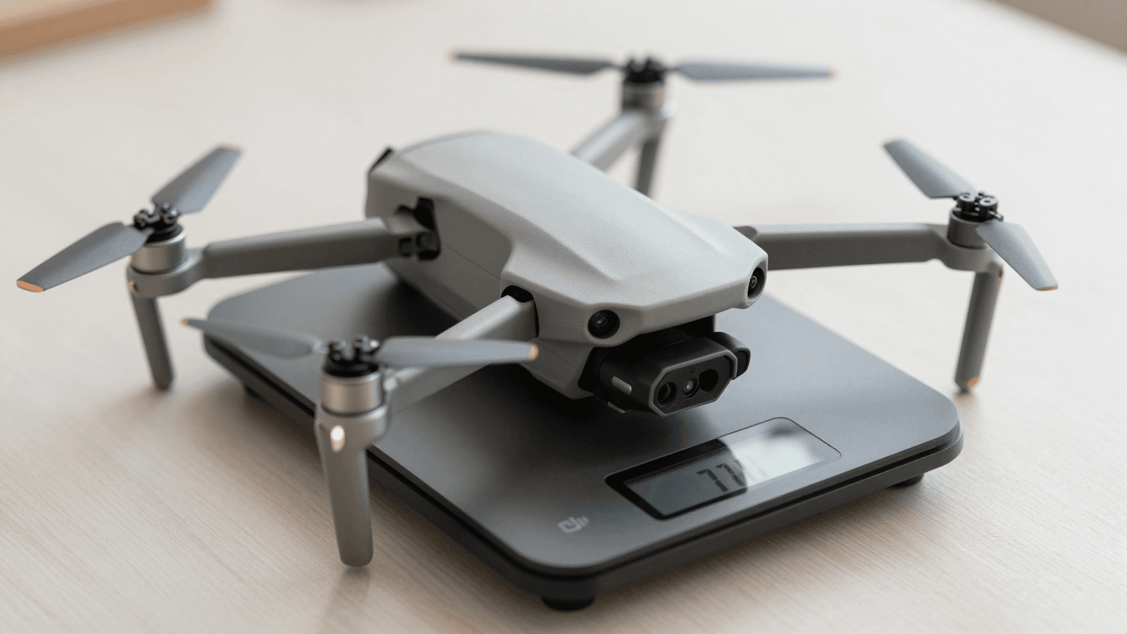 Drone DJI sobre uma balança ilustrando o peso máximo de decolagem
