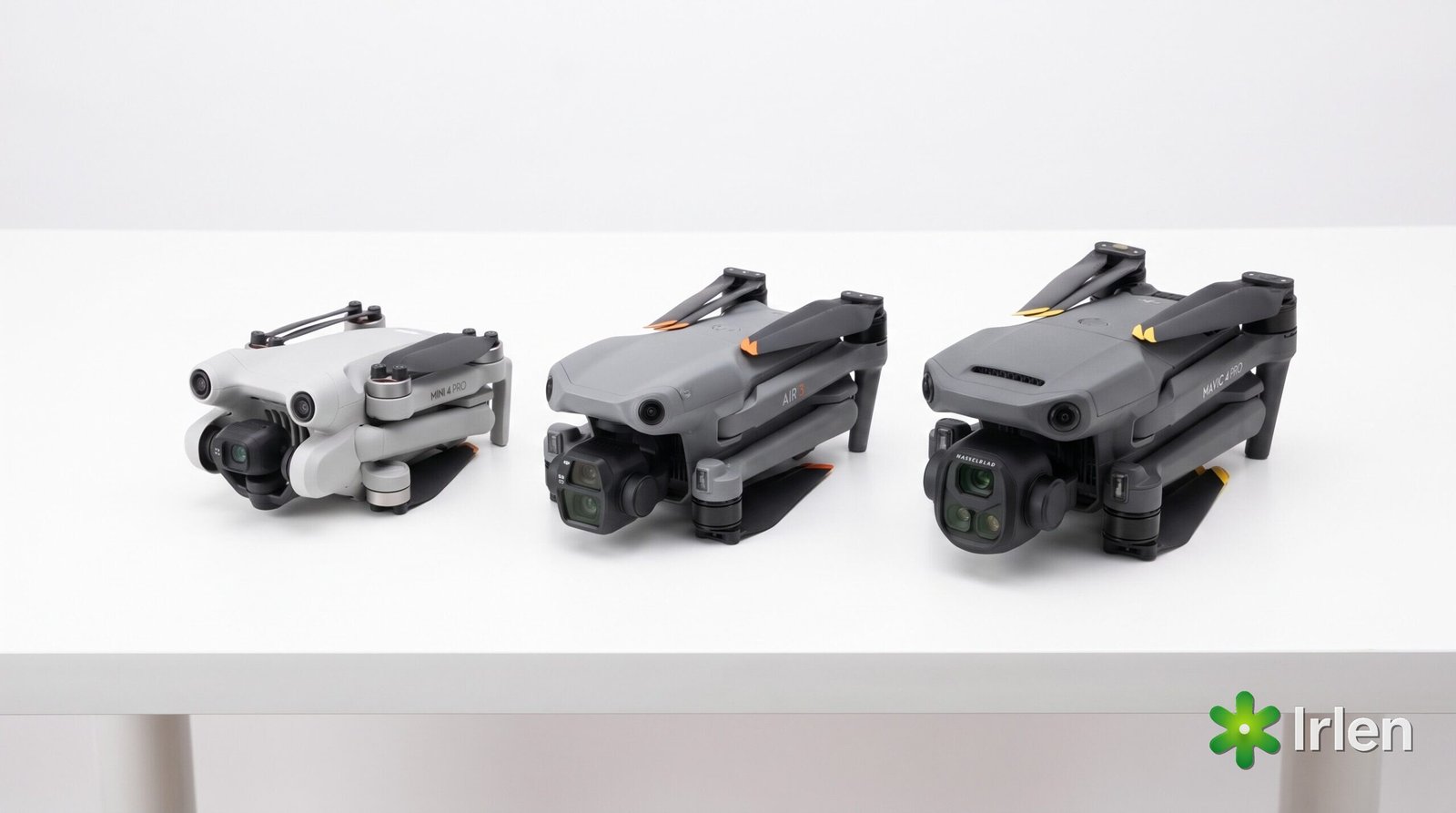 DJI Mini 4 Pro, Air 3S e Mavic 4 Pro lado a lado, do menor ao maior