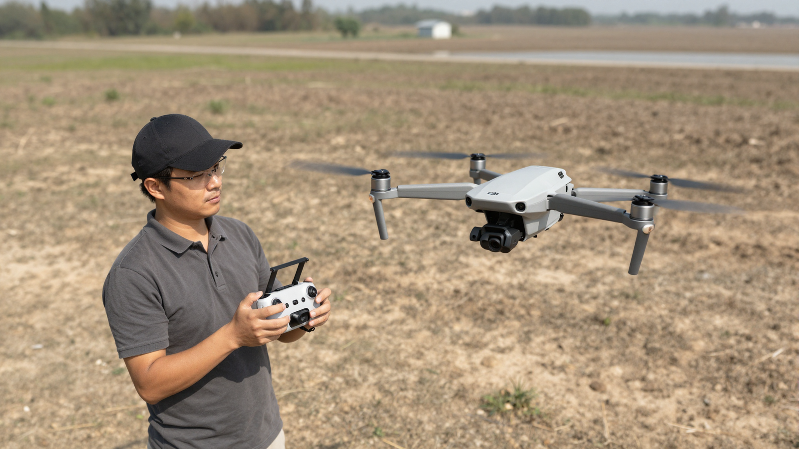 Profissional operando um drone DJI em levantamento aéreo georreferenciado