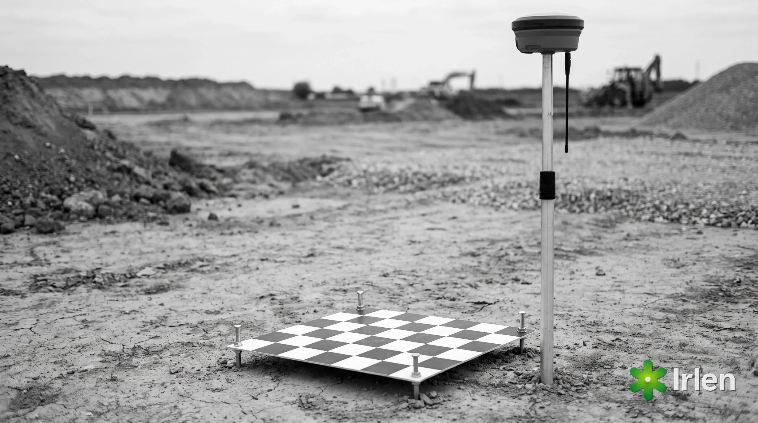 Alvo de ponto de controle (GCP) e receptor GNSS em obra