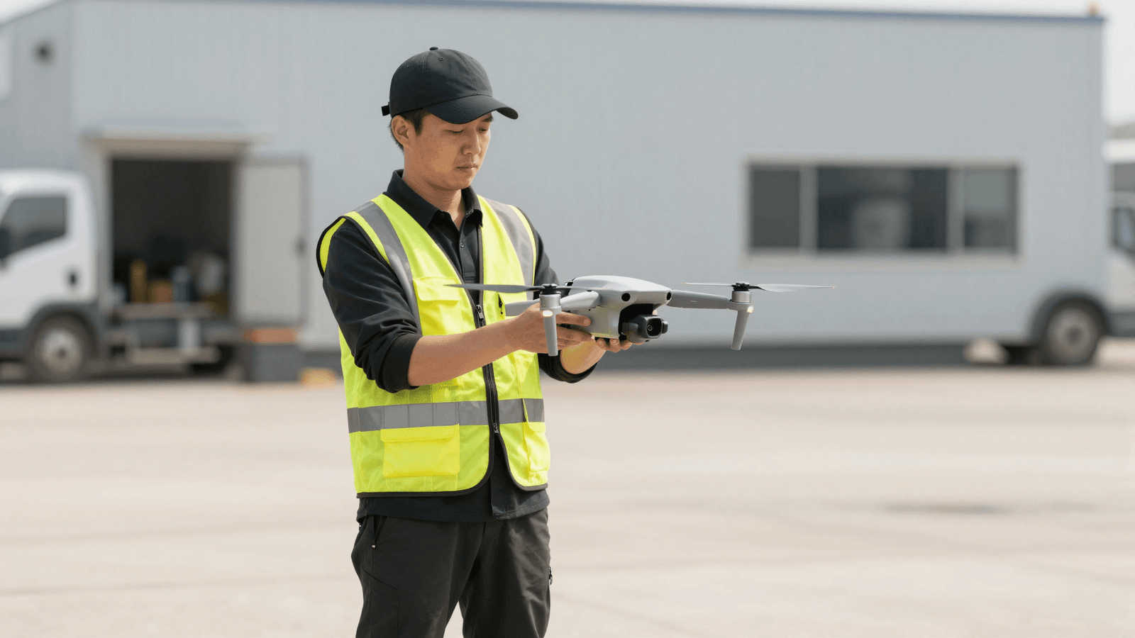 Operador profissional em campo com drone DJI