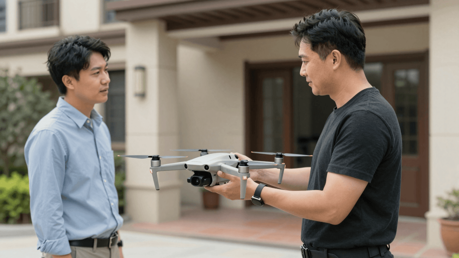 Piloto conversando com o síndico antes de voar no condomínio, drone DJI em mãos