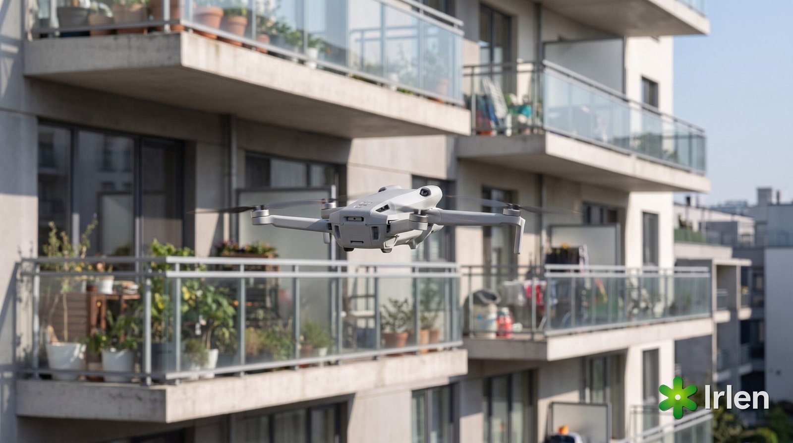Drone DJI Mini 4 Pro a distância segura das varandas do prédio