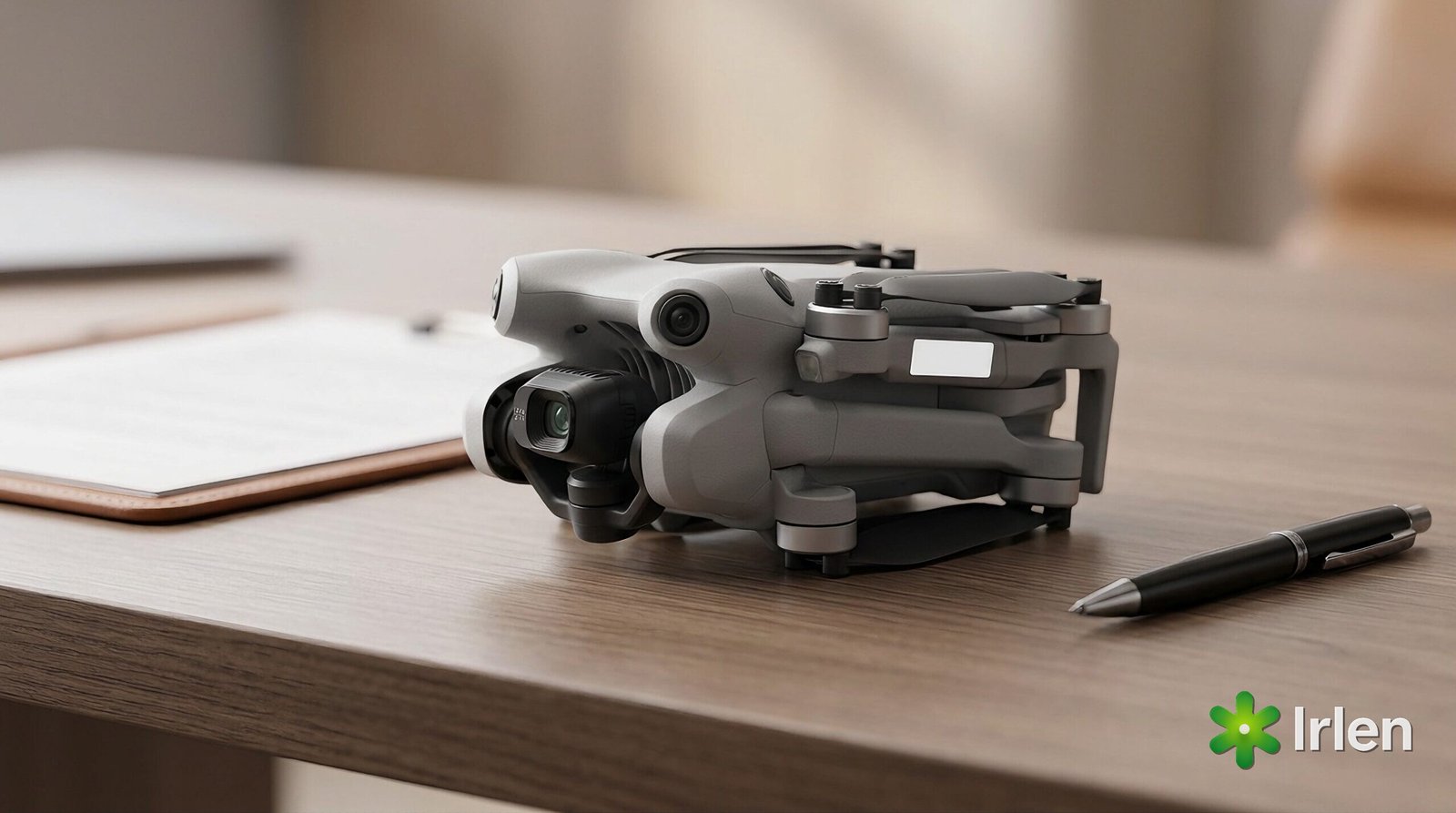 Drone DJI Mini 4 Pro com adesivo de registro ao lado dos comprovantes
