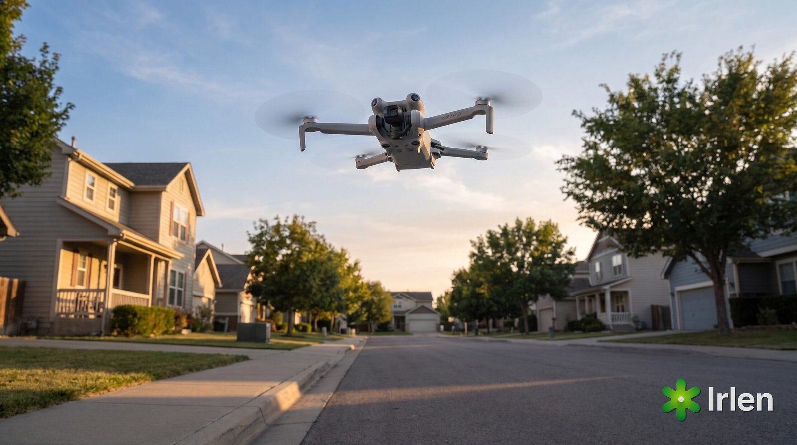 Drone DJI Mini 4 Pro voando a distância segura das casas em rua residencial