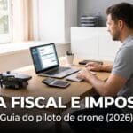 Piloto de drone emitindo nota fiscal e organizando impostos no home office