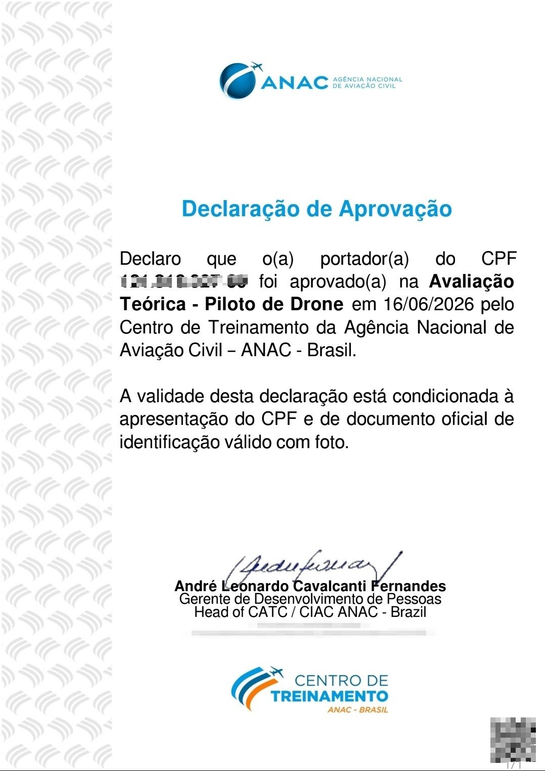 Declaração de Aprovação da ANAC na Avaliação Teórica de Piloto de Drone