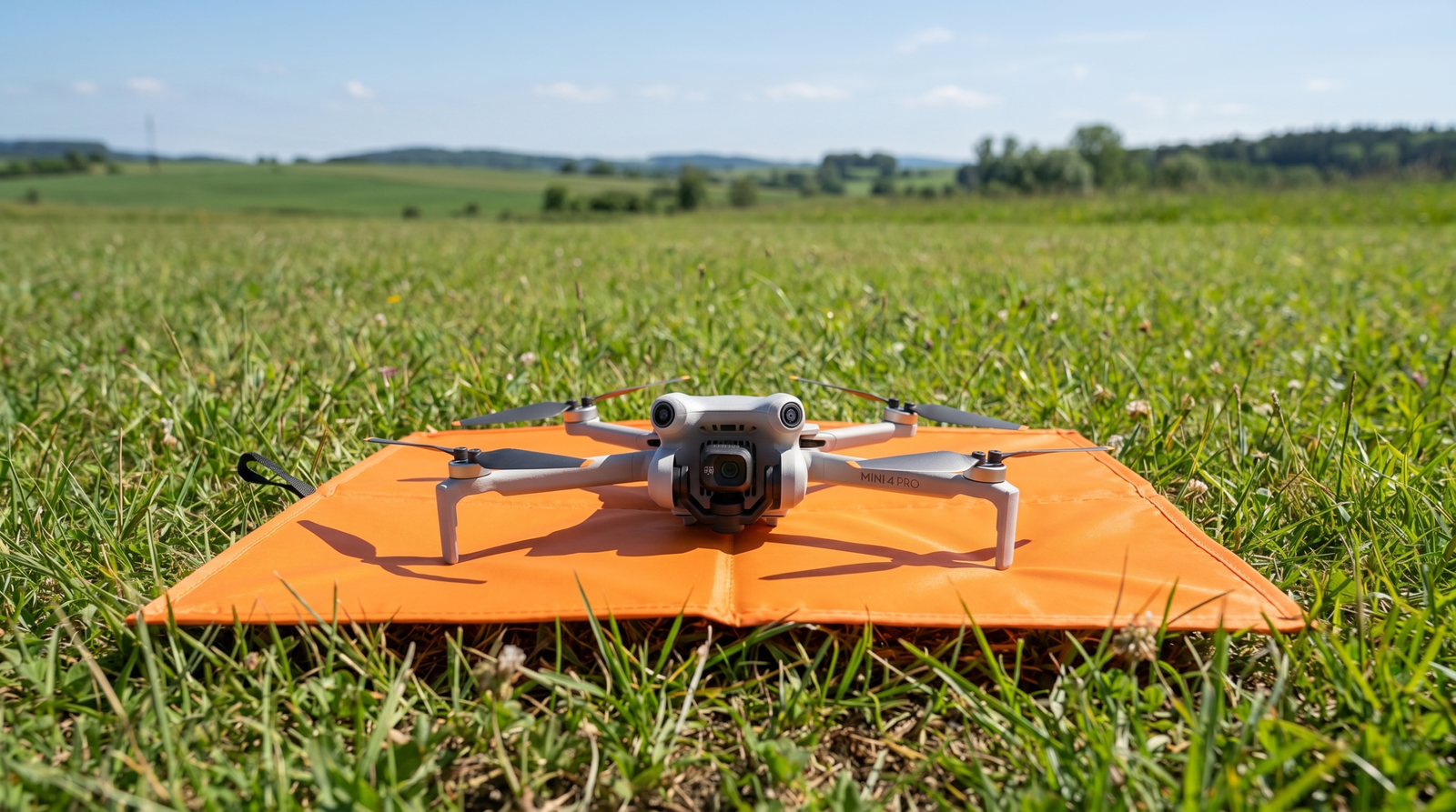 Drone DJI pousado sobre um landing pad em campo aberto