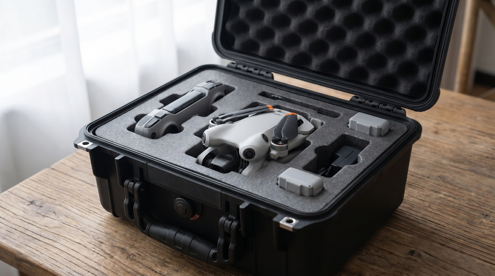 Drone DJI guardado dentro de um case rigido com espuma