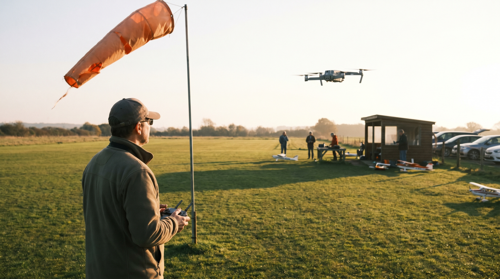 Aeromodelista voando um drone pequeno em um campo de recreacao de clube ao entardecer