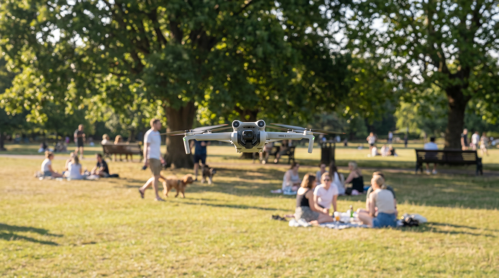 Drone recreativo voando baixo sobre um parque publico aberto em uma tarde de sol