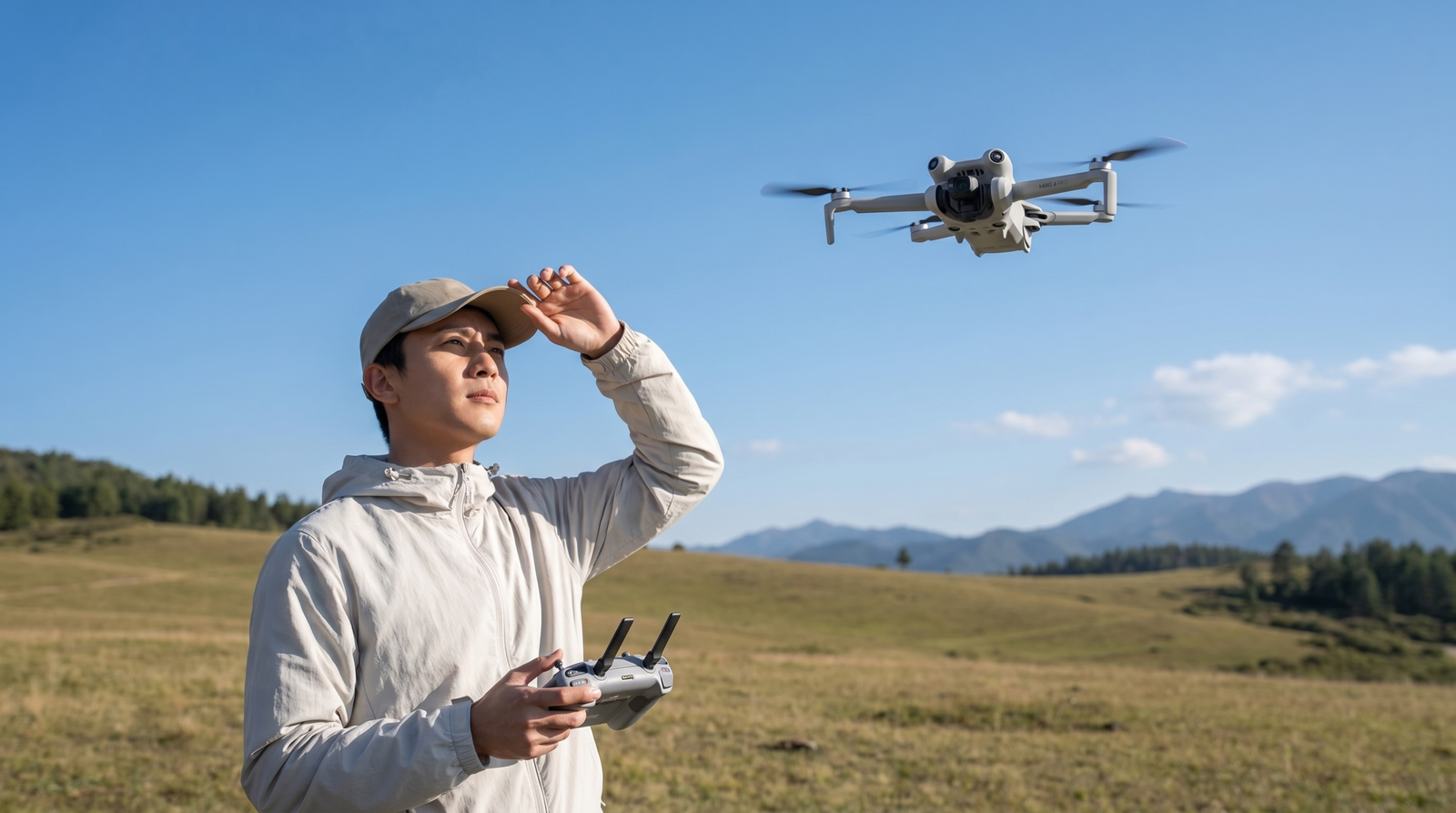 Piloto mantendo o drone a vista, paisagem aberta
