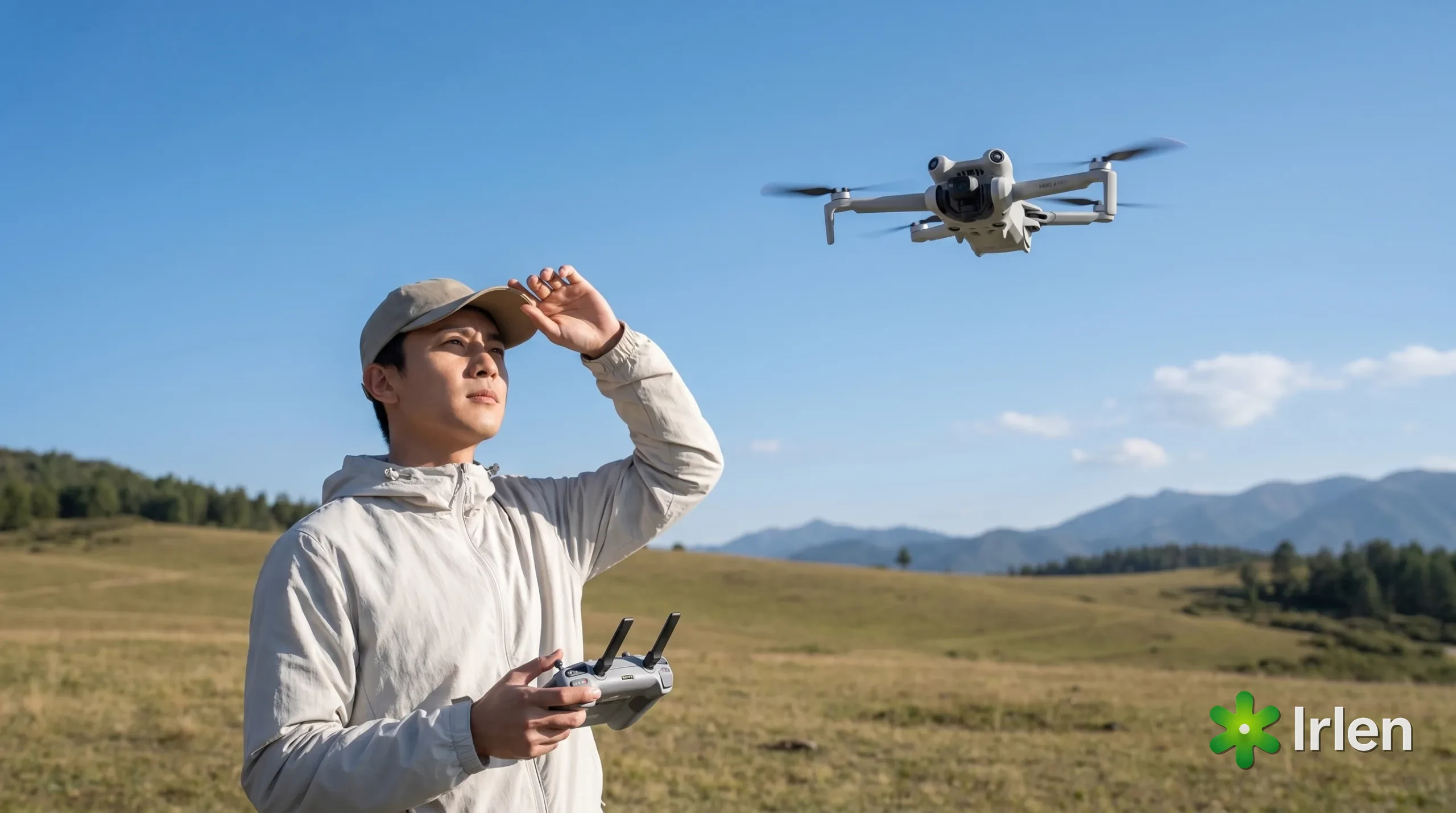 Piloto mantendo o drone a vista, paisagem aberta